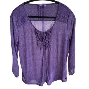 Mexx Purple Scoop Neck Sheer Top Blouse 3/4 Roll Up Sleeves Button Up Ruffle XL